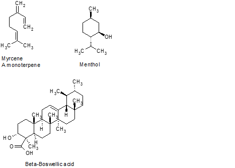 Chemical structures of three organic compounds: Myrcene (a monoterpene), Menthol, and Beta-Boswellic acid