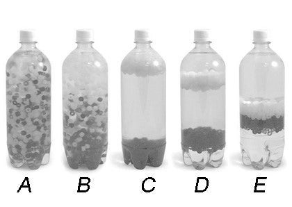 Five poly density bottles labelled A through E.