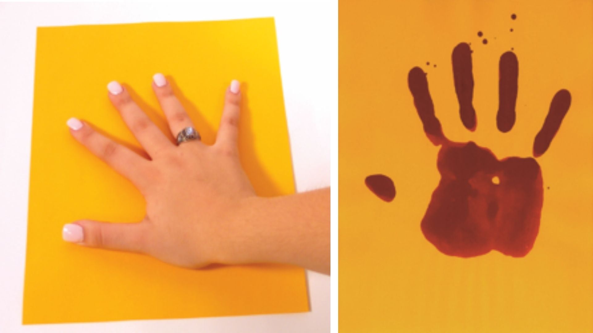Hand on orange paper and resulting burgundy hand print on orange paper.
