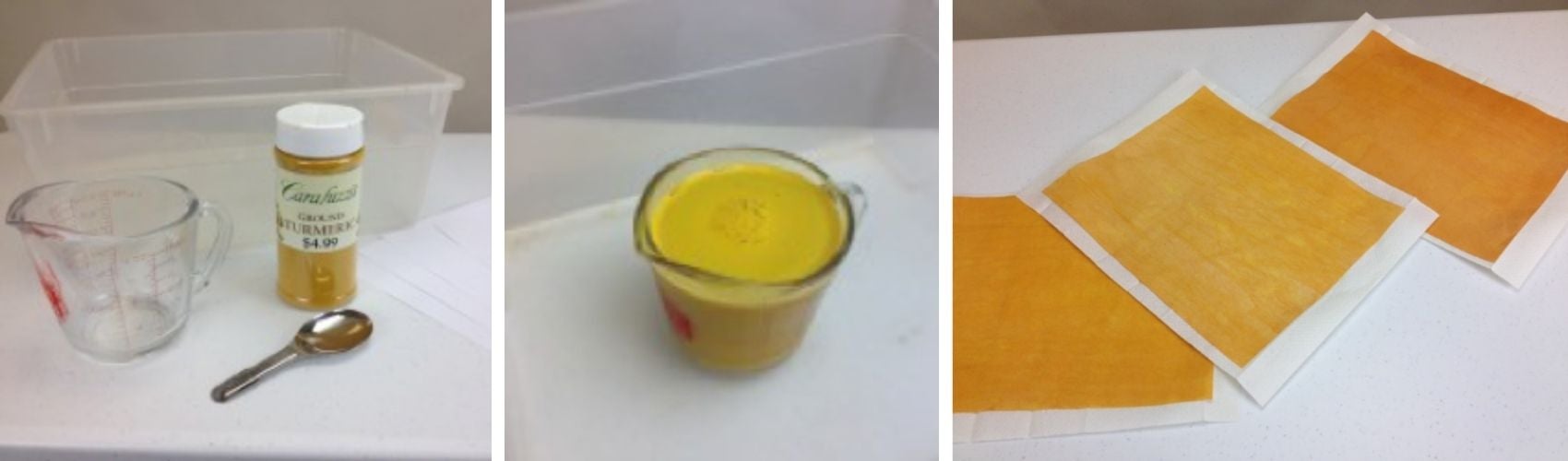 Three images: A graduated mug, and turmeric; Orange liquid in a graduated mug; and golden hand-made paper.