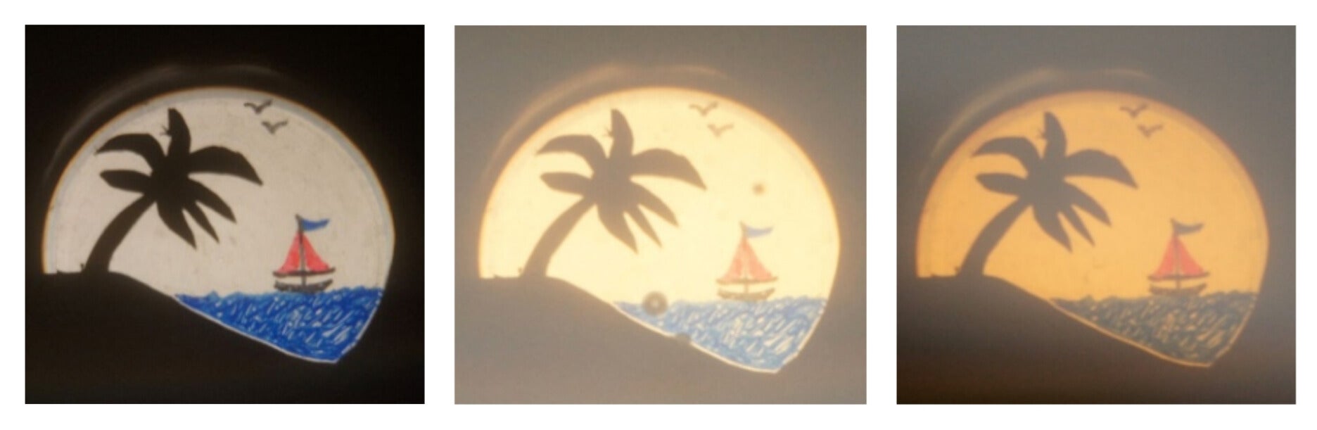 Three images of a palm tree and boat on water.