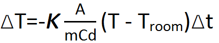 Delta T equals minus K multiplied by the fraction A over mCd, all multiplied by the quantity (T minus T room) multiplied by Delta t