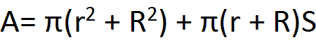 A equals pi times the sum of r squared and R squared, plus pi times the sum of r and R, multiplied by S