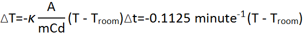 Delta T equals negative K multiplied by the fraction A over m C d, all multiplied by the quantity T minus T room, all multiplied by Delta t. This is equal to negative 0.1125 minute to the power of negative 1, multiplied by the quantity T minus T room.