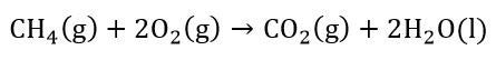 CH4 (gas) plus 2 O2 (gas) yields 1 CO2 (gas) plus 2 H2O (liquid).