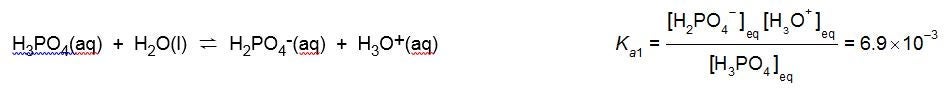 The reaction H3PO4(aq) plus H2O(l) reversibly yields H2PO4-(aq) plus H3O+(aq). The acid dissociation constant, Ka1, equals the concentration of H2PO4-(aq) times the concentration of H3O+(aq) divided by the concentration of H3PO4(aq), which equals 6.9 times 10 to the minus 3.