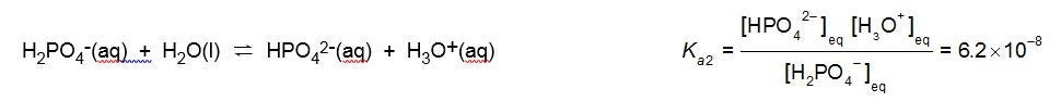 The reaction H2PO4-(aq) plus H2O(l) reversibly yields HPO42-(aq) plus H3O+(aq). The acid dissociation constant, Ka2, equals the concentration of HPO42-(aq) times the concentration of H3O+(aq) divided by the concentration of H2PO4-(aq), which equals 6.2 times 10 to the minus 8.