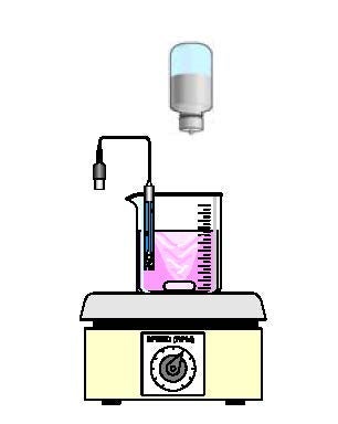 A dropper bottle adding liquid to a beaker with pink liquid on a loading balance. There is a pH meter is in the beaker.