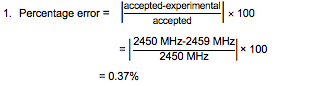 Percentage error equals the absolute value of 'accepted minus experimental' divided by 'accepted', all multiplied by 100. This equals the absolute value of the quantity '2450 MHz minus 2459 MHz' divided by '2450 MHz', all multiplied by 100. The result is 0.37%."