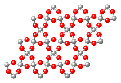 Ball-and-stick representation of part of the network covalently bonded structure of silicon dioxide
