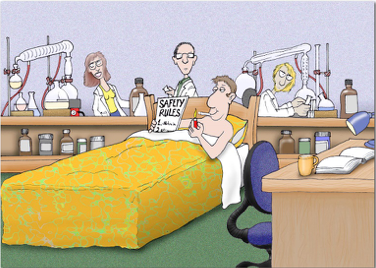 Cartoon showing a man smoking in bed while reading "Safety Rules" and a chemical lab in the background.