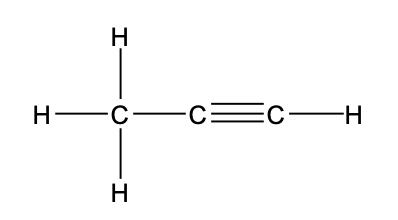 The structure shows a chain of three carbon atoms. The first carbon atom (left) is a methyl group (\(\text{CH}_{3}\)), bonded to three hydrogen atoms and the second carbon atom. The second and third carbon atoms are connected by a carbon-carbon triple bond. The third carbon atom (right) is bonded to one hydrogen atom.