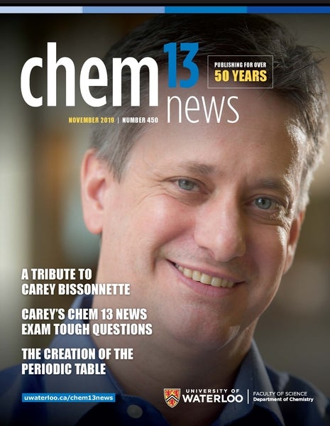Chem 13 News Magazine cover for November 2019 feature a headshot of Carey Bissonette