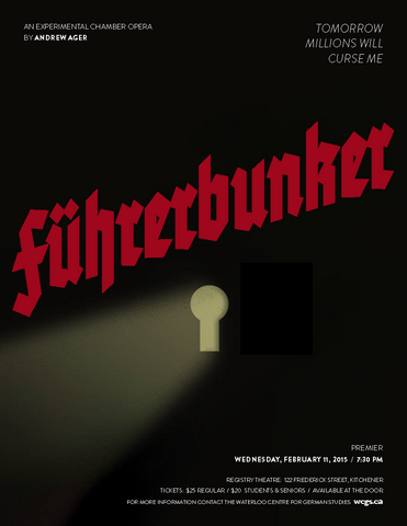 Poster: title Fuehrerbunker in red Fraktur script, image of keyhole with light streaming through