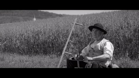 19th-century farmer sitting in front of some fields.