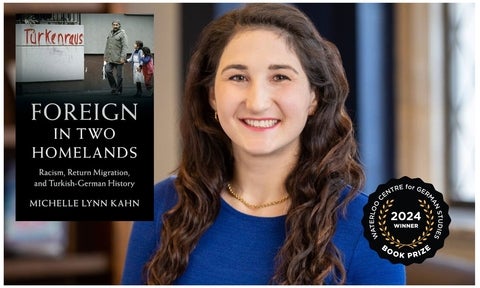 Michelle Lynn Kahn headshot with over lay over her book and the 2024 book prize badge