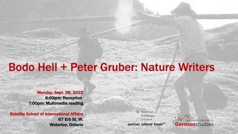 Bodo and Pater Gruber: Nature Writers; monday September 25, 202 imposed on an image of two men walking up a hill with logs in black and white