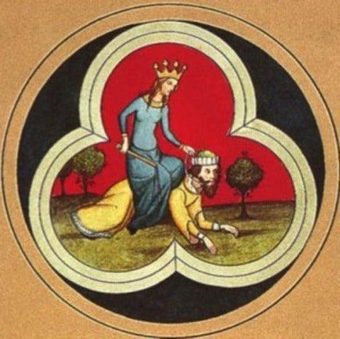 Medieval woman riding on top of medieval man