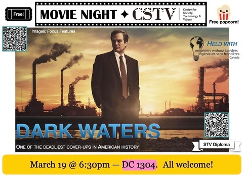 A lawyer stands in front of a river. Behind the river, several smokestacks release ominous steam into a yellow sky.