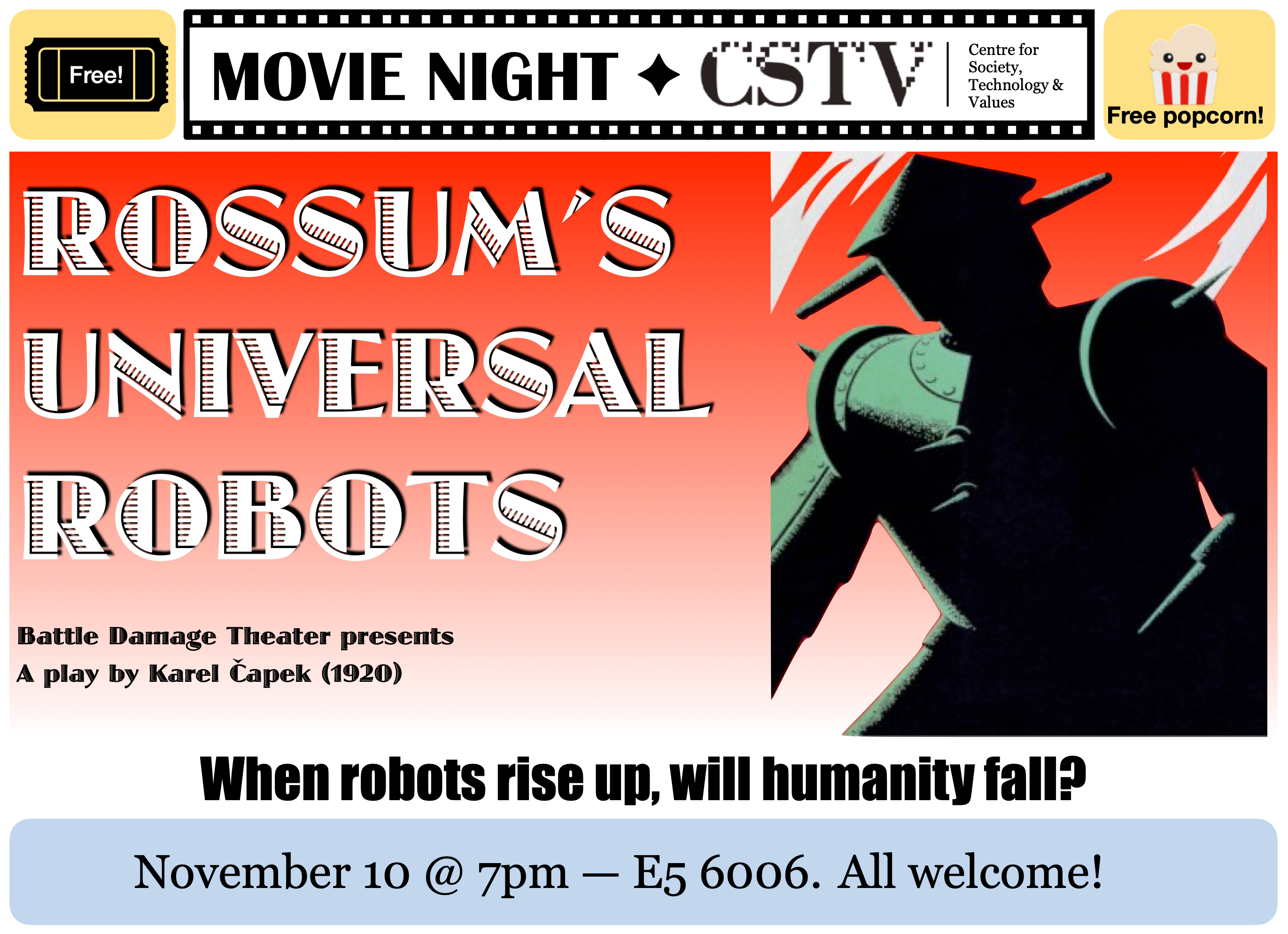 Poster for CSTV movie night featuring Rossum's Universal Robots.
