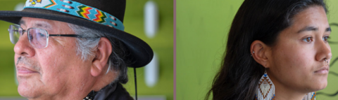 A man wearing a hat with a beaded band faces left; a woman with beaded earrings faces right