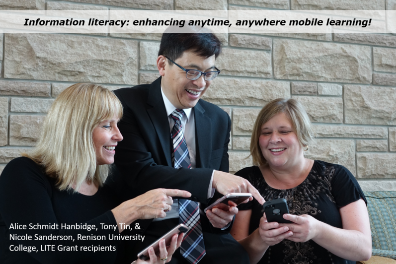 LITE recipients Alice Schmidt Hanbidge, Tony Tin, and Nicole Sanderson (Renison) investigate mobile information literacy