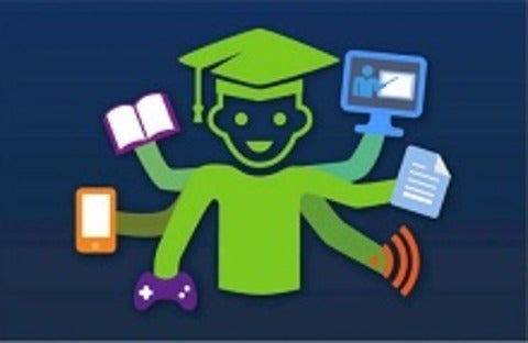 Illustration of a scholar with multiple arms connected to a book, screen, cell phone, game controller, etc.