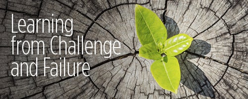 Picture of seedling growing out of old tree stump with theme of conference: Learning from Challenge and Failure