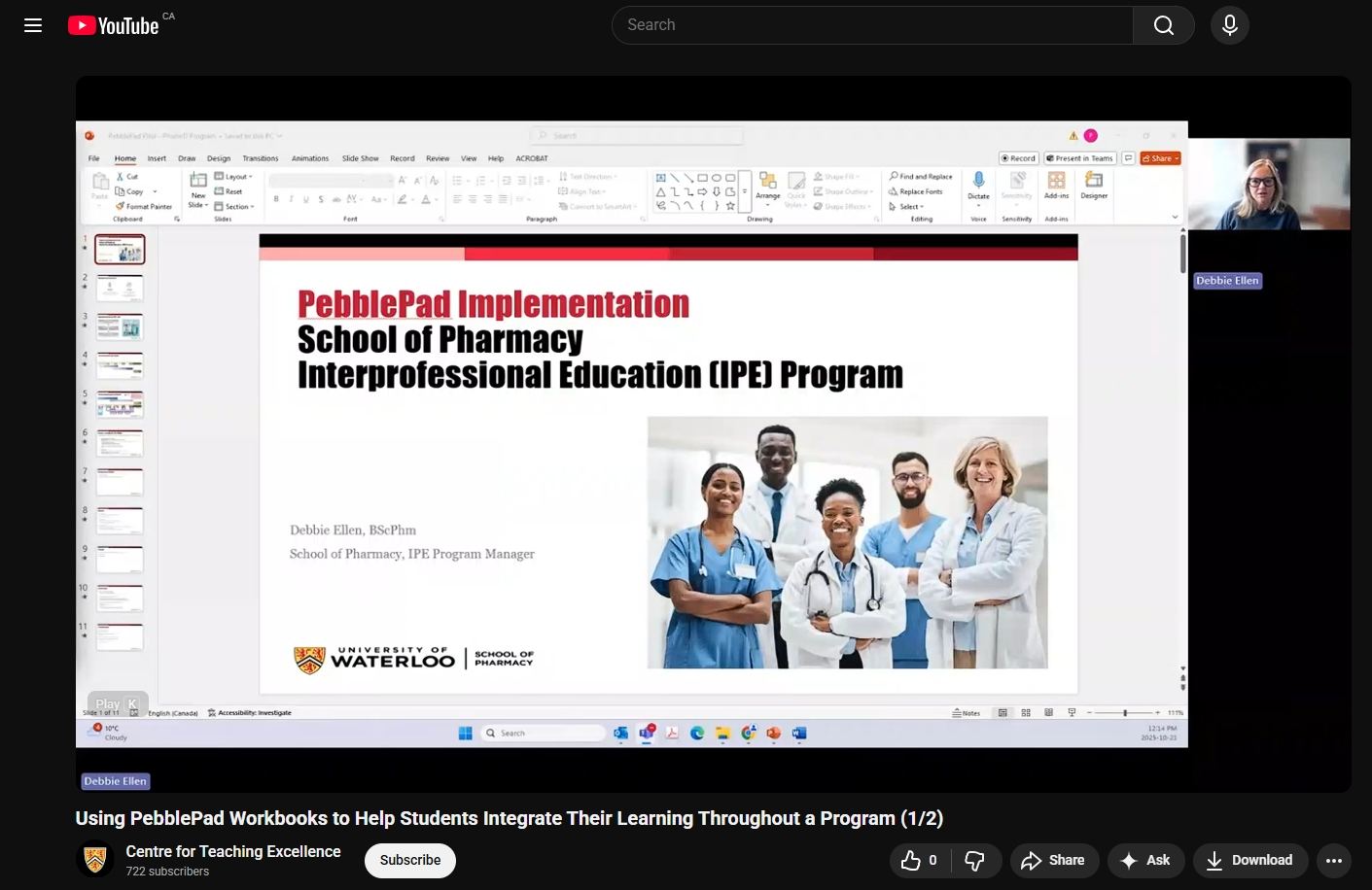Presenter sharing slideshow in online meeting, link to video