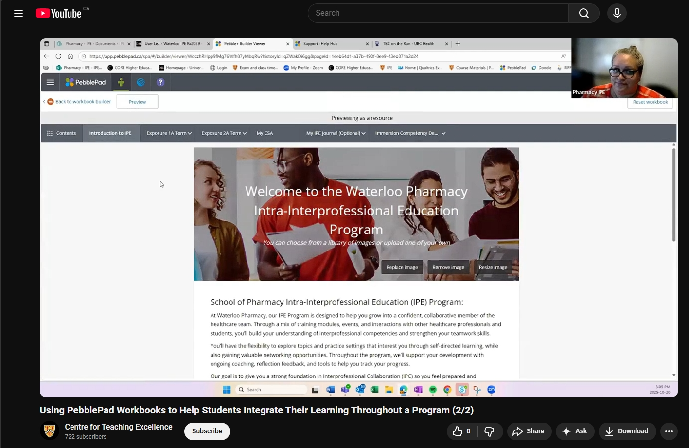Screenshot of presenter sharing PebblePad website in online meeting
