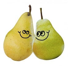 Two green pears with smiling faces