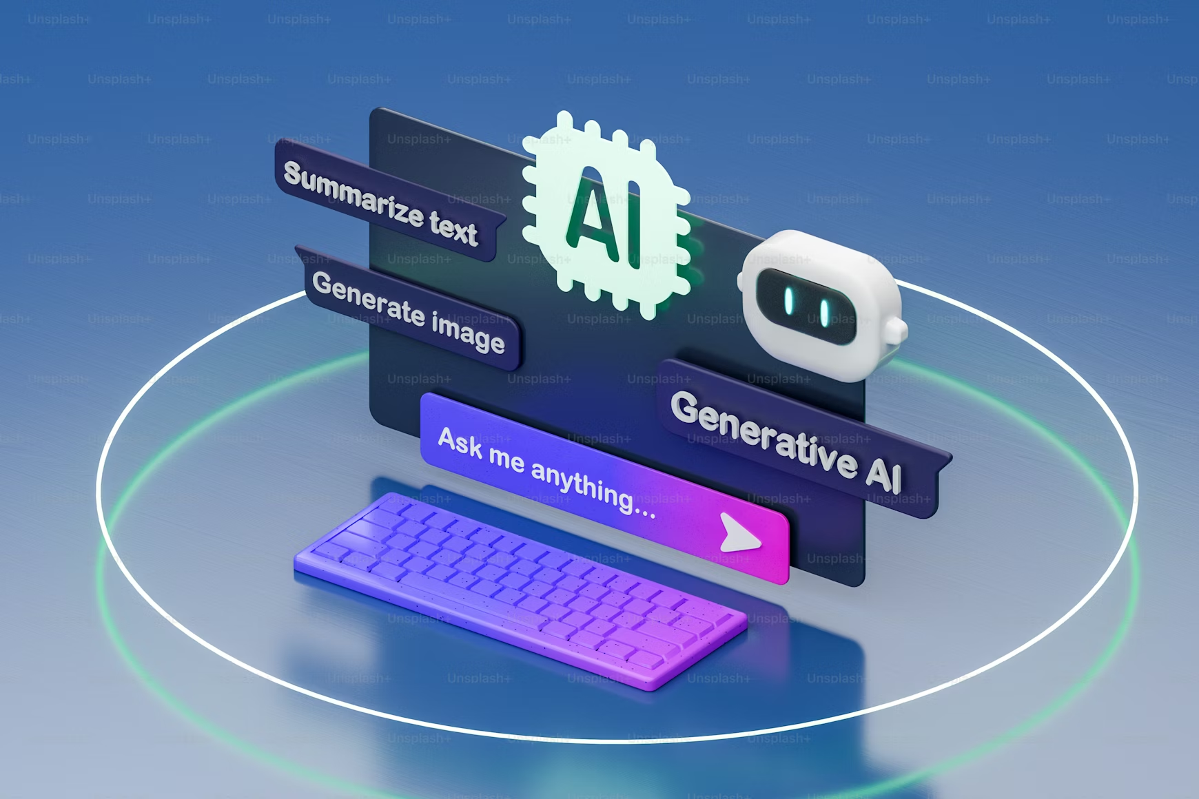 Floating keyboard and monitor displaying AI and other AI keywords