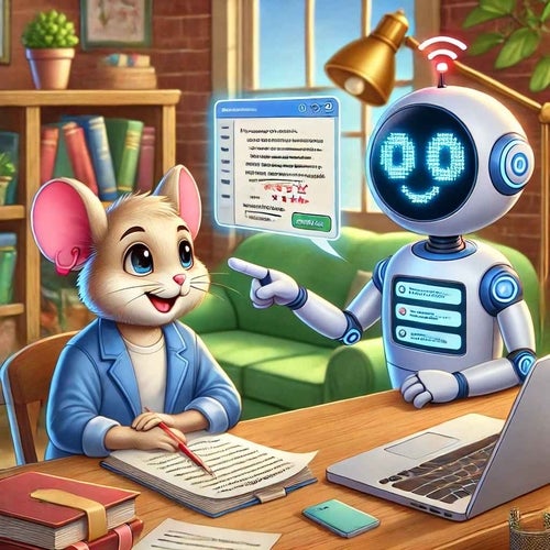 A robot helps a mouse grade student assignments by providing feedback using Generative AI