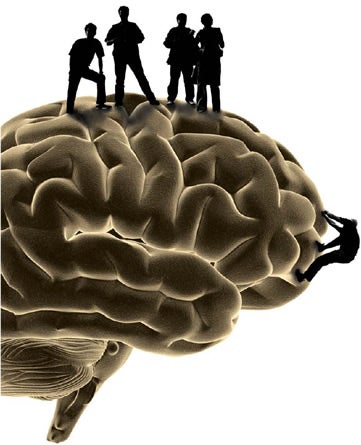 silhouettes of people climbing an image of a brain