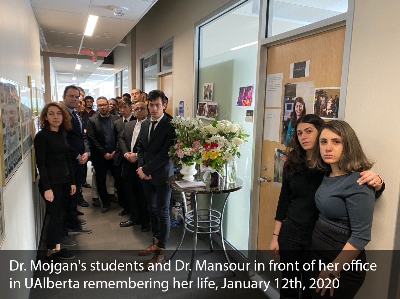 Dr. Mojgan's student and Dr. Mansour in front of Mojgan's office at UAlberta remembring her life
