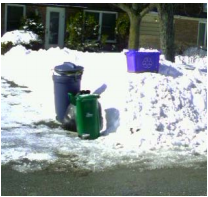 Recycling and garbage bins along a residential snow bank