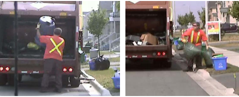 Man picking up garbage bags and placing them in garbage truck