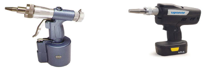 Pneumatic (left) and battery-powered (right) stretchable pipe tool