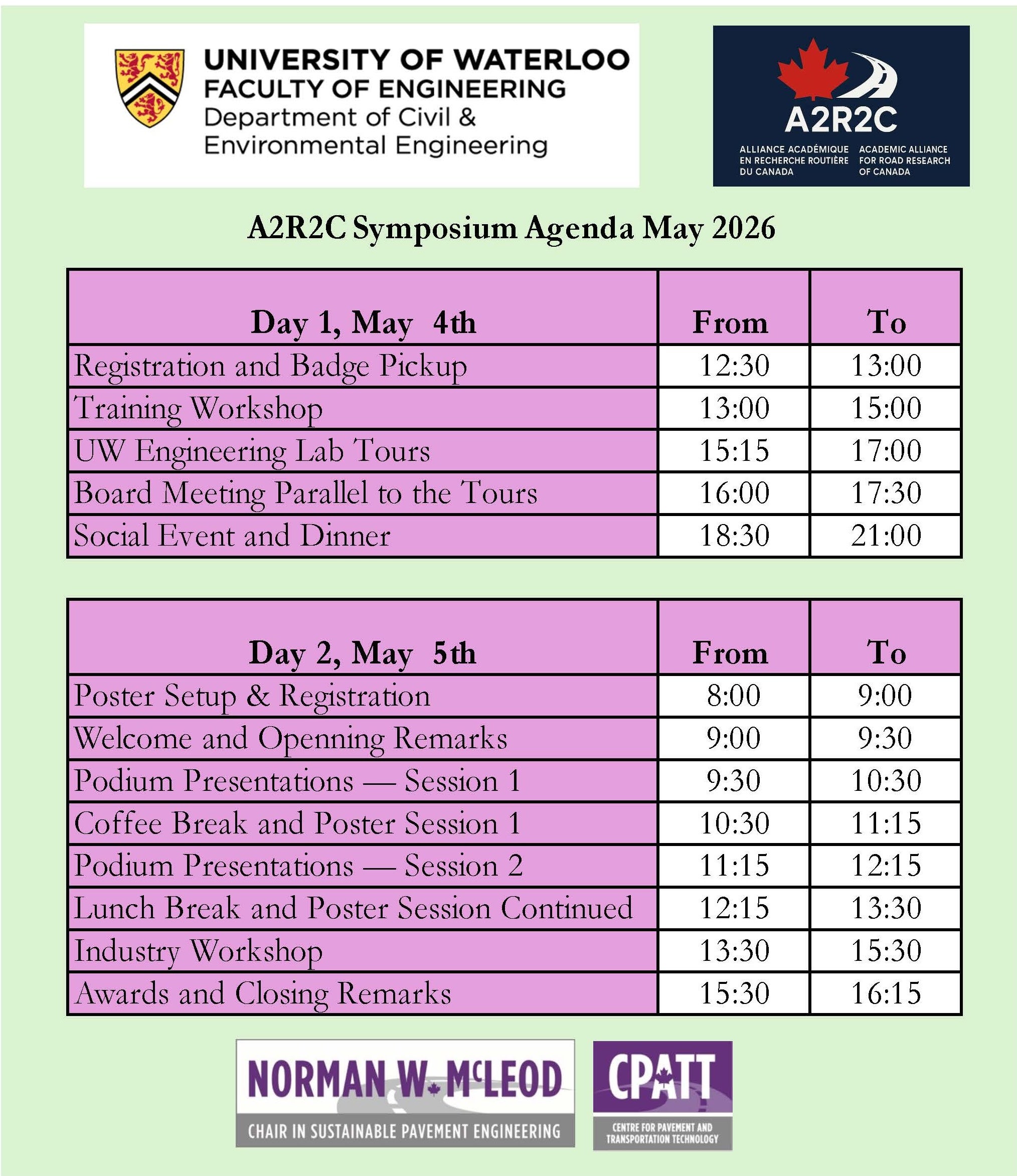 Two-day agenda of the 2026 A2R2C Symposium.