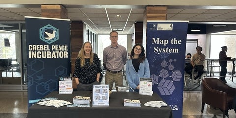 Teresa, Paul, and Pinar posing in front of Map the System and Grebel Peace Incubator banners