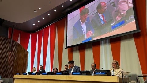 Jon Beale moderating alongside a panel of participants at Canada's side-event at the High Level Political Forum (HLPF) 2026