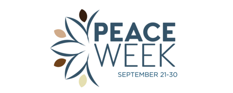 Peace Week logo of a flower that double as people with raised arms