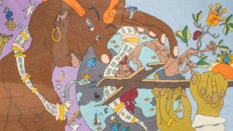Portion of one of the art pieces depicting two people of different races connecting across the world with swirls of road, roots and a puzzle cut cross