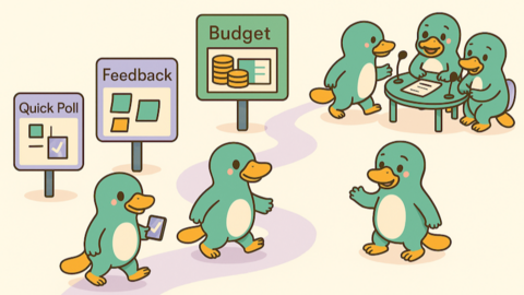 Cute platopi work together with signs reading feedback and budget in the background