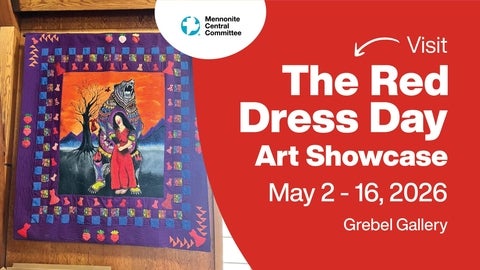 red poster with indigenous art work