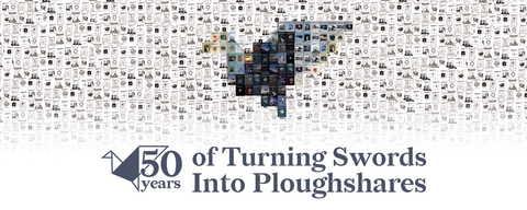 50 years of turning swords into ploughshares event poster with a mosaic dove made out of past Ploughshares Monitor covers