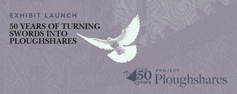A white dove flies over a grey backdrop with text announcing the exhibit launch of Project Ploughshares 50th anniversary lookback "50 years of turning swords into ploughshares"