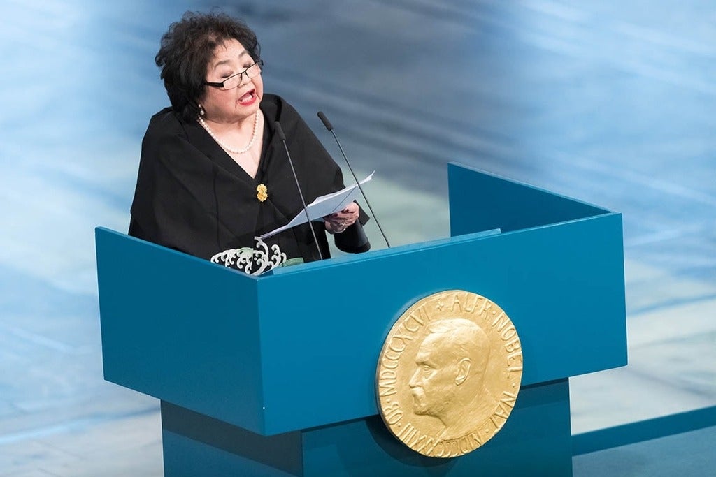 Setsuko Thurlow giving the acceptance speech at the Nobel Prize Award Ceremony