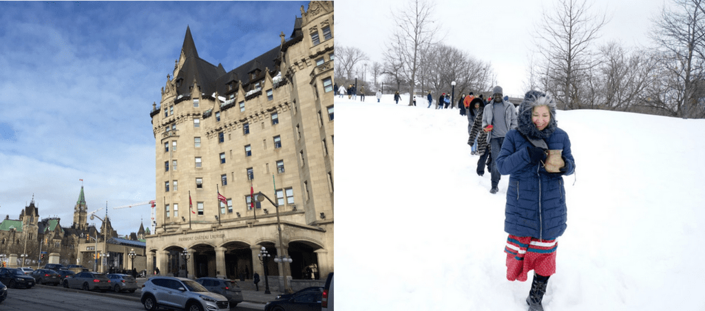 Parliament buildings beside a group on an Indigenous water walk