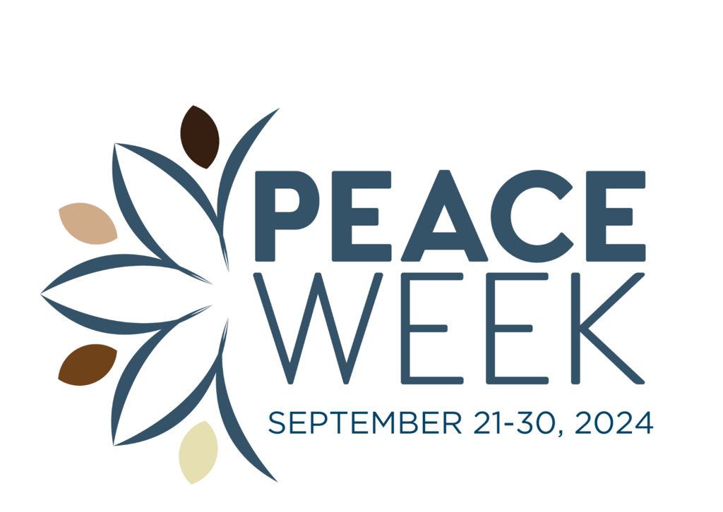 Peace Week logo of a flower that double as people with raised arms